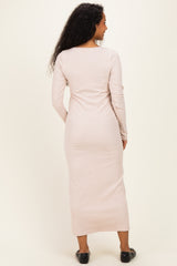 Beige Scoop Neck Long Sleeve Maternity Midi Dress