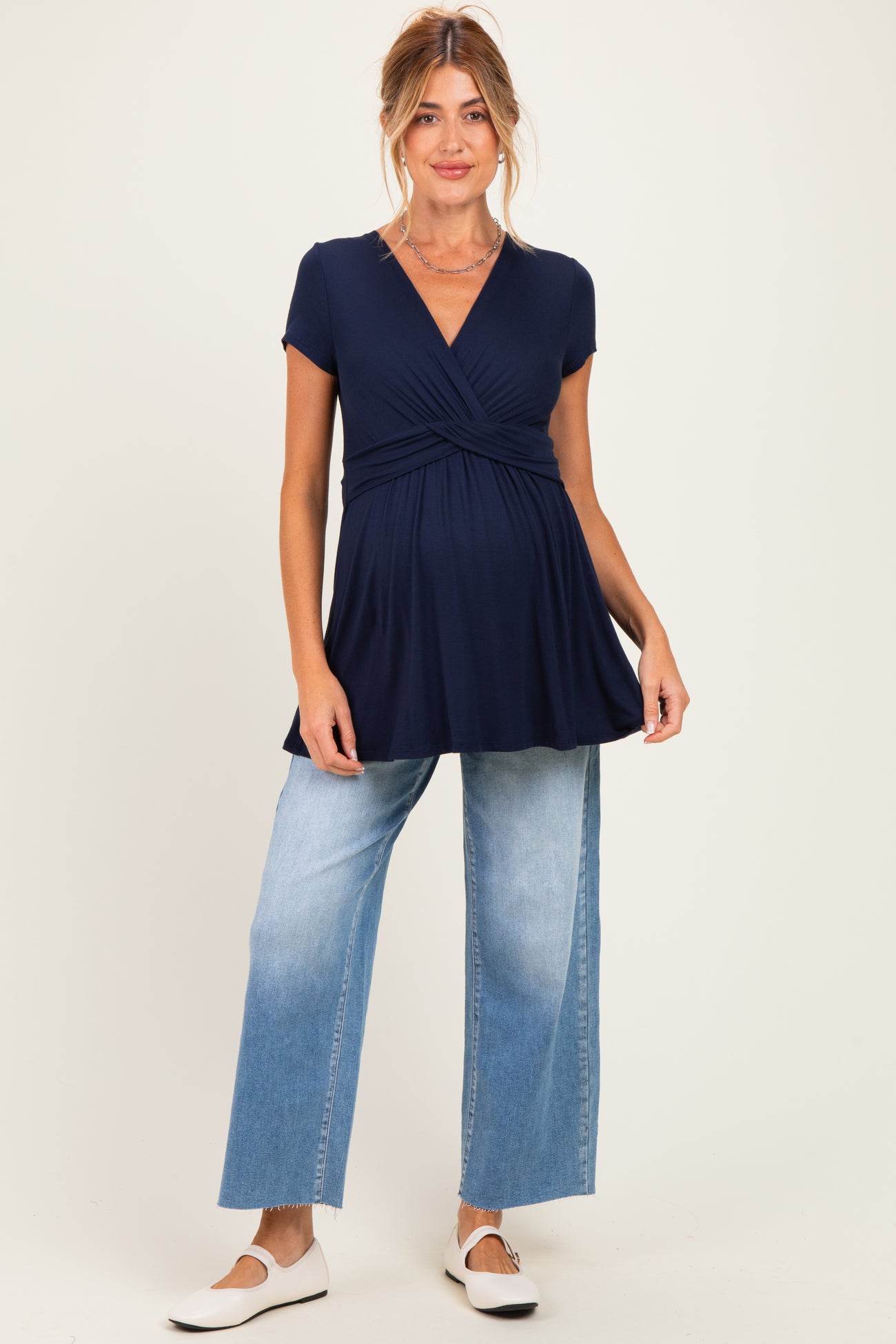 PinkBlush Navy Draped Front Maternity Nursing Top