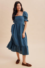 Deep Teal Gingham Square Neck Midi Dress