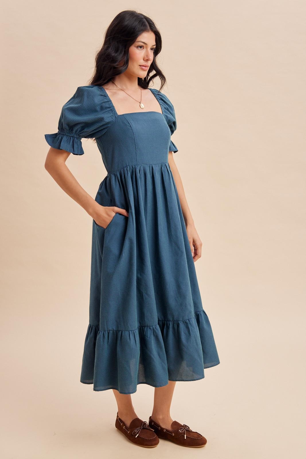 Deep Teal Gingham Square Neck Midi Dress