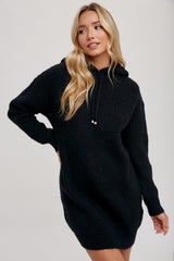 Black Chunky Waffle Knit Hooded Tunic Dress