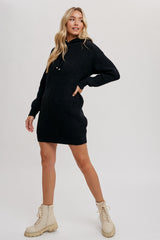 Black Chunky Waffle Knit Hooded Tunic Dress