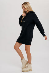 Black Chunky Waffle Knit Hooded Tunic Dress