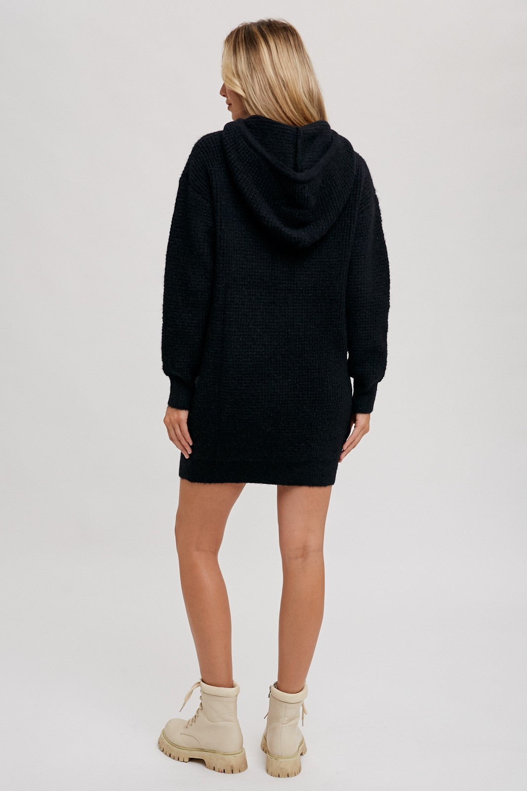 Black Chunky Waffle Knit Hooded Tunic Dress