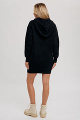 Black Chunky Waffle Knit Hooded Tunic Dress
