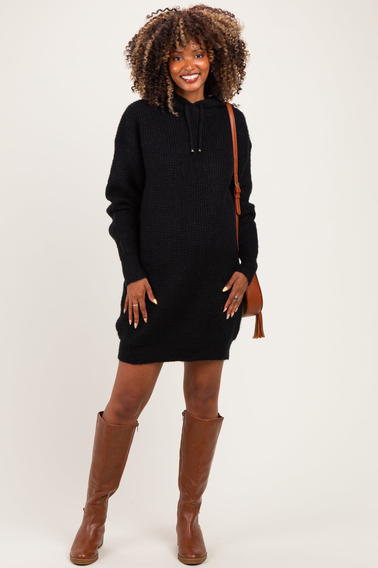 Black Chunky Waffle Knit Hooded Maternity Tunic Dress