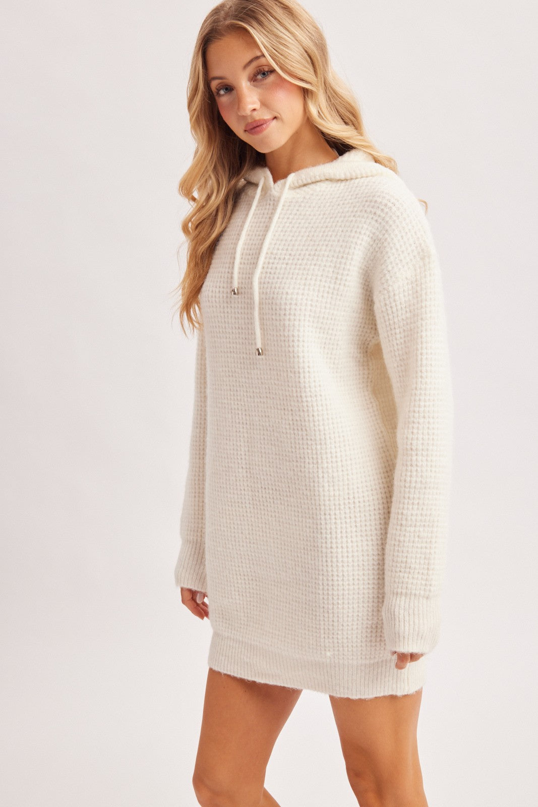 Ivory Chunky Waffle Knit Hooded Tunic Dress