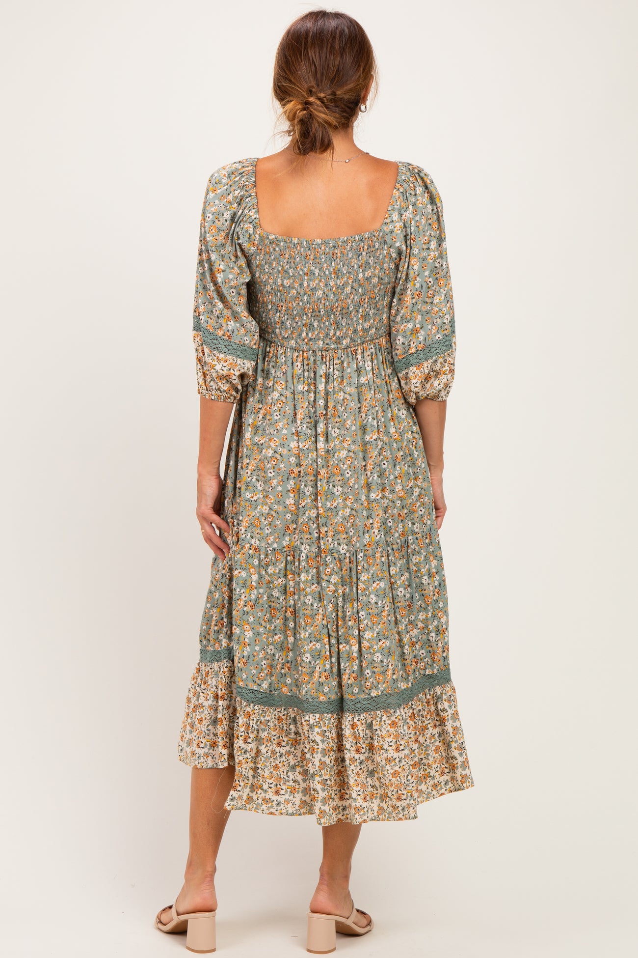 Sage Floral Lace Trim Smocked Midi Dress