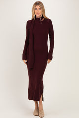 Burgundy Ribbed Knit Scarf Midi Dress