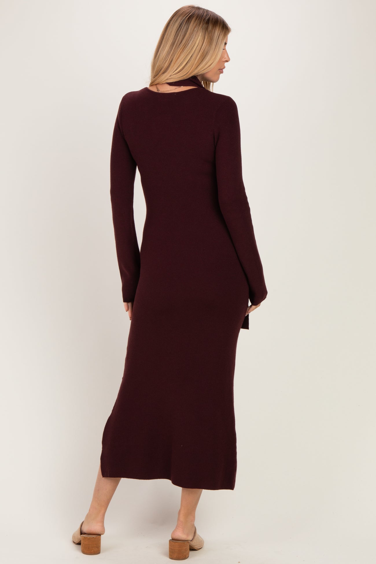 Burgundy Ribbed Knit Scarf Midi Dress