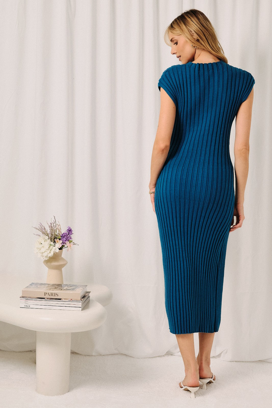 Dark Teal Wide Rib Side Slit Midi Dress