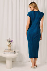 Dark Teal Wide Rib Side Slit Midi Dress