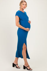 Dark Teal Wide Rib Side Slit Maternity Midi Dress