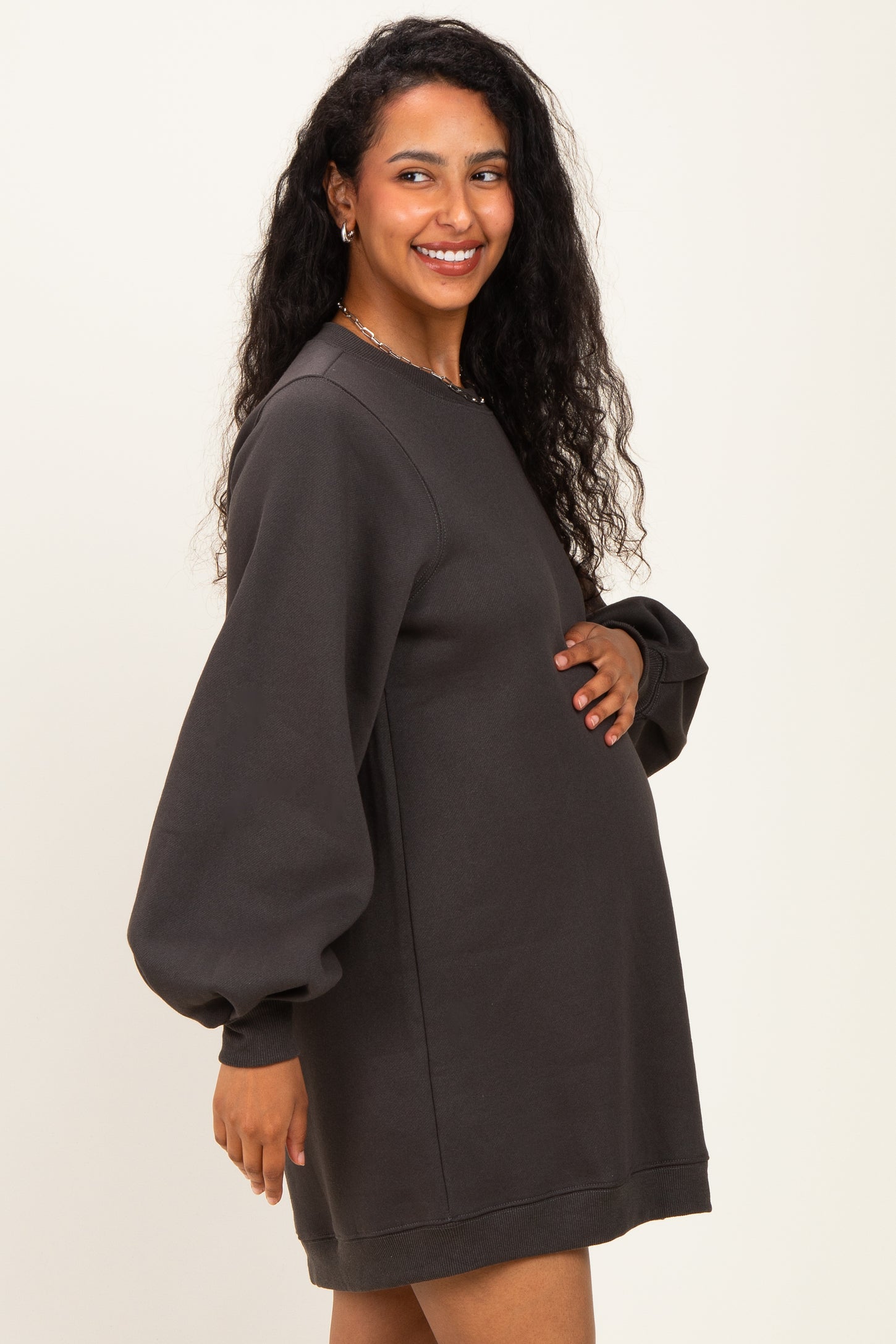 Ash Oversized Bubble Sleeve Maternity Sweatshirt Dress