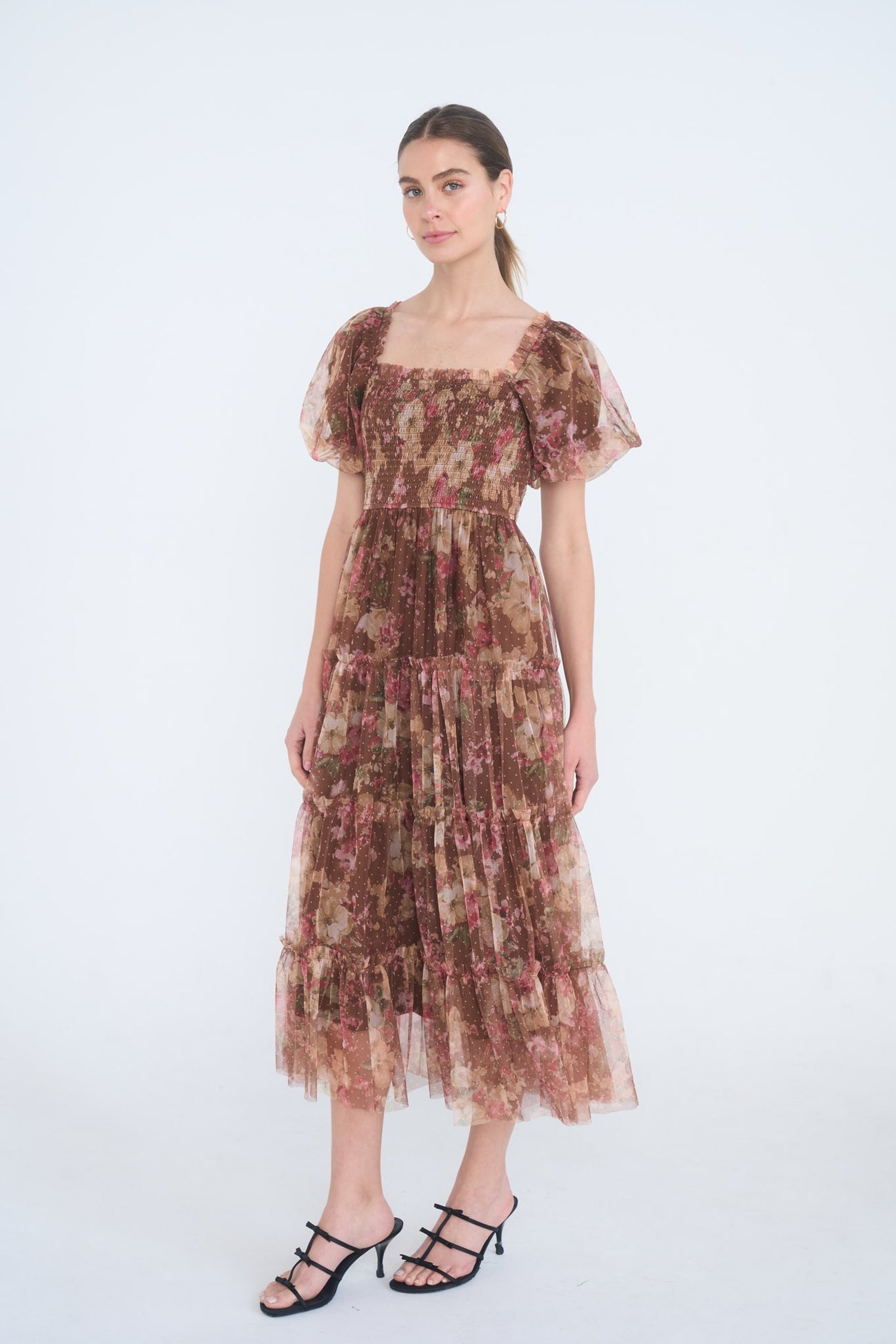 Light Brown Floral Polka Dot Tulle Maternity Midi Dress