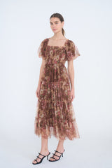 Light Brown Floral Polka Dot Tulle Maternity Midi Dress