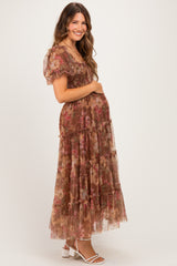 Light Brown Floral Polka Dot Tulle Maternity Midi Dress