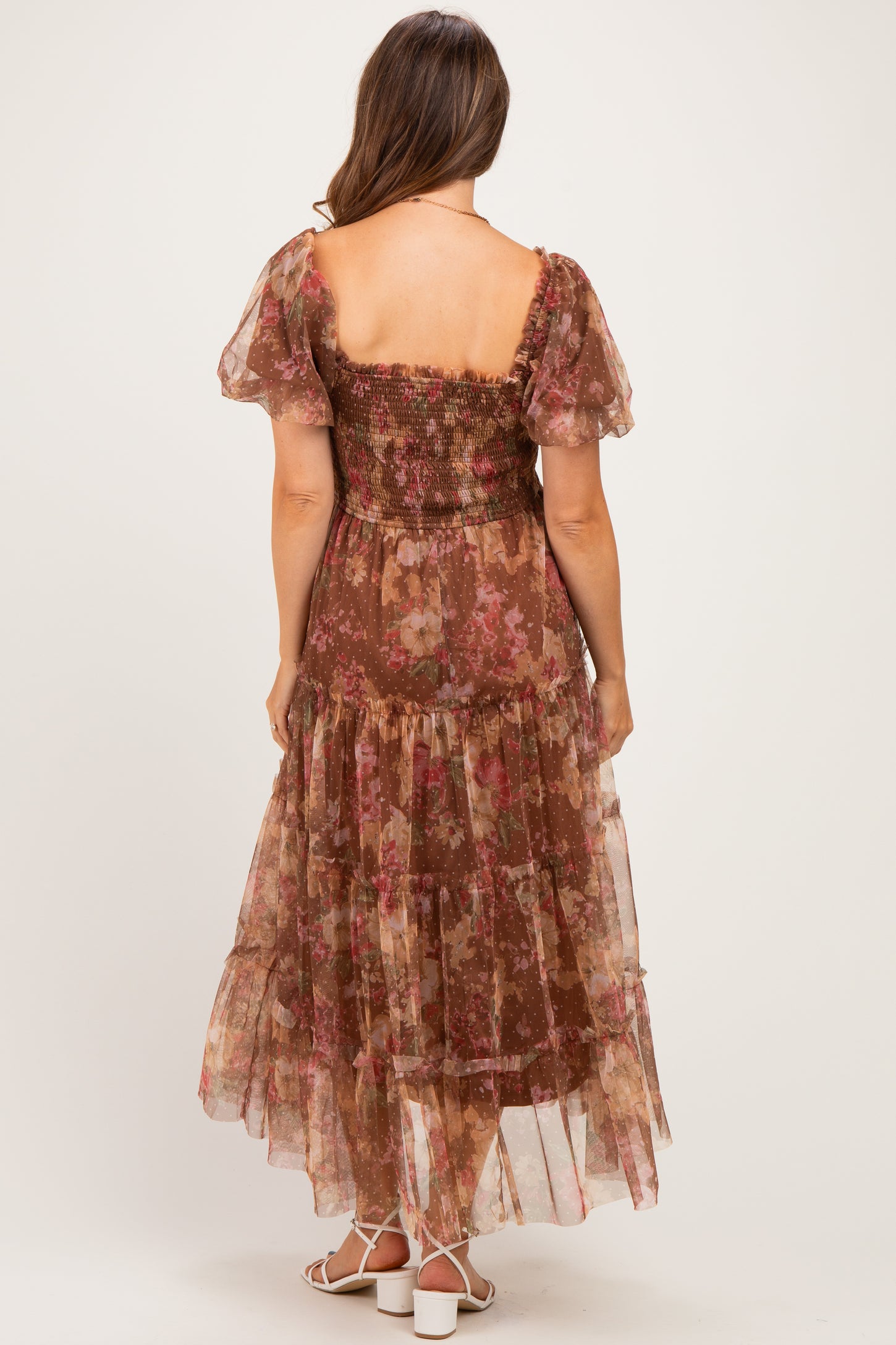 Light Brown Floral Polka Dot Tulle Maternity Midi Dress