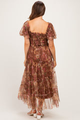 Light Brown Floral Polka Dot Tulle Maternity Midi Dress