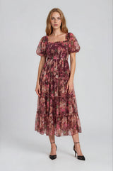 Burgundy Floral Polka Dot Tulle Maternity Midi Dress