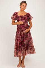 Burgundy Floral Polka Dot Tulle Maternity Midi Dress