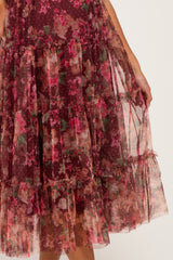 Burgundy Floral Polka Dot Tulle Maternity Midi Dress