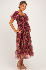 Burgundy Floral Polka Dot Tulle Maternity Midi Dress