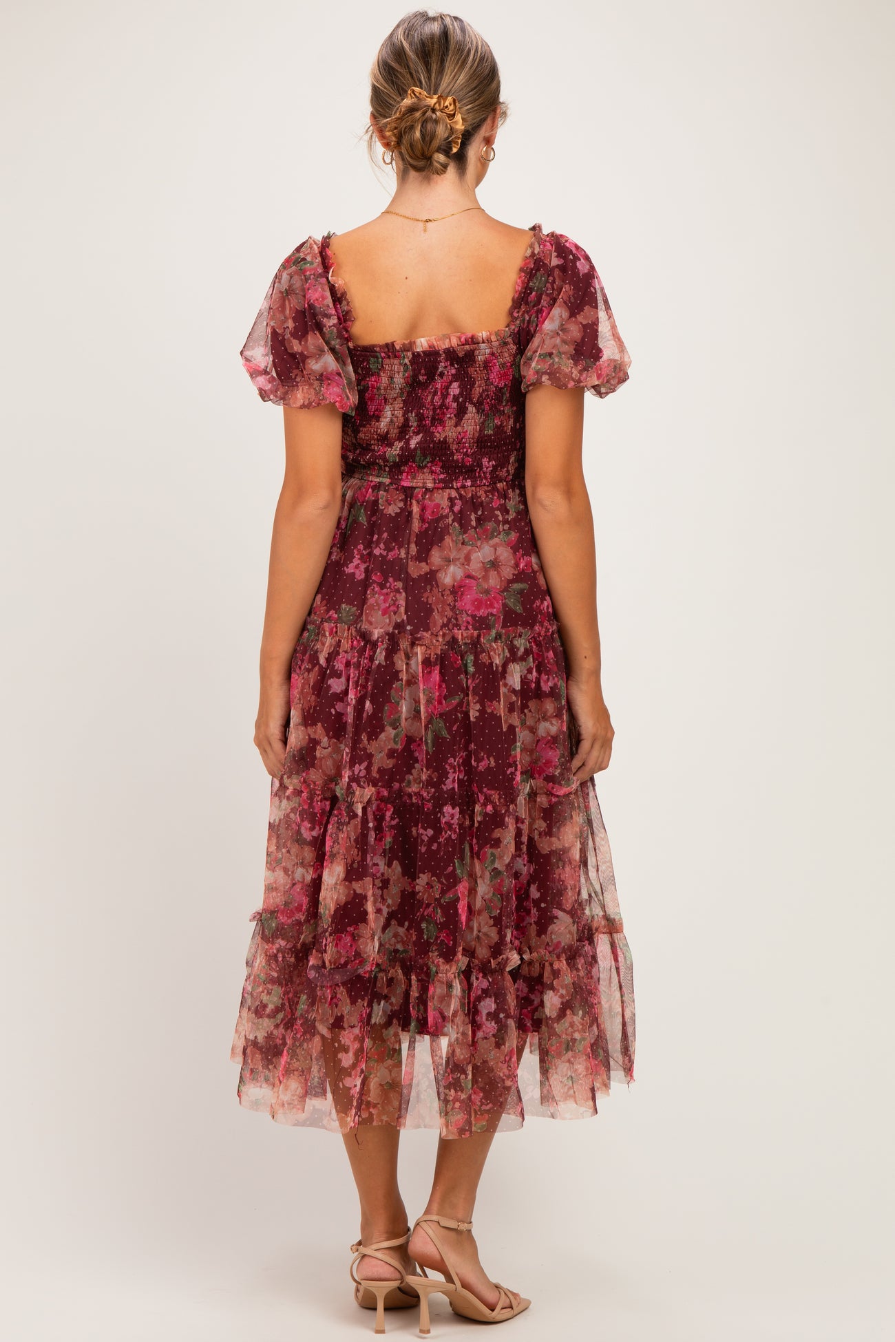 Burgundy Floral Polka Dot Tulle Maternity Midi Dress
