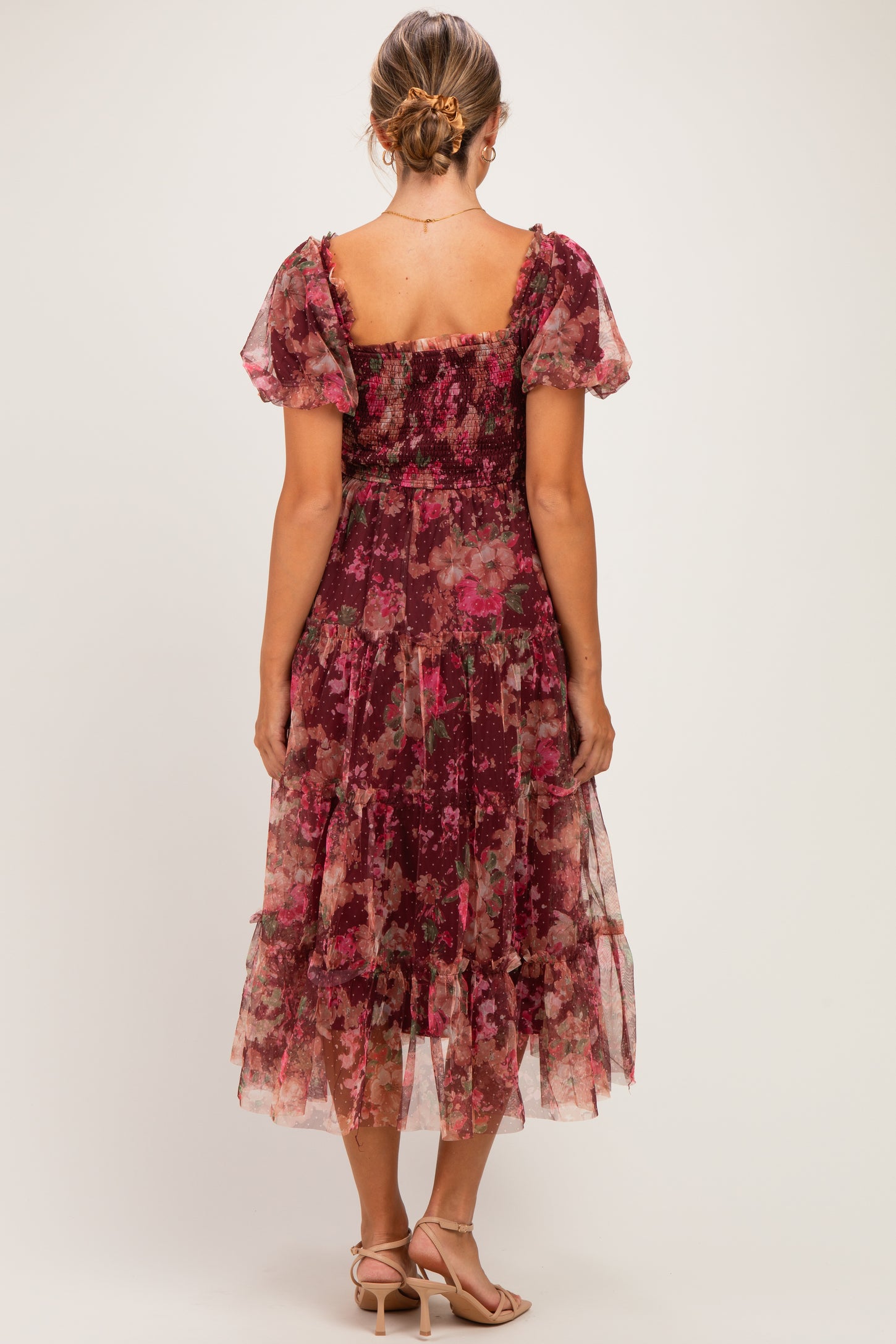 Burgundy Floral Polka Dot Tulle Maternity Midi Dress