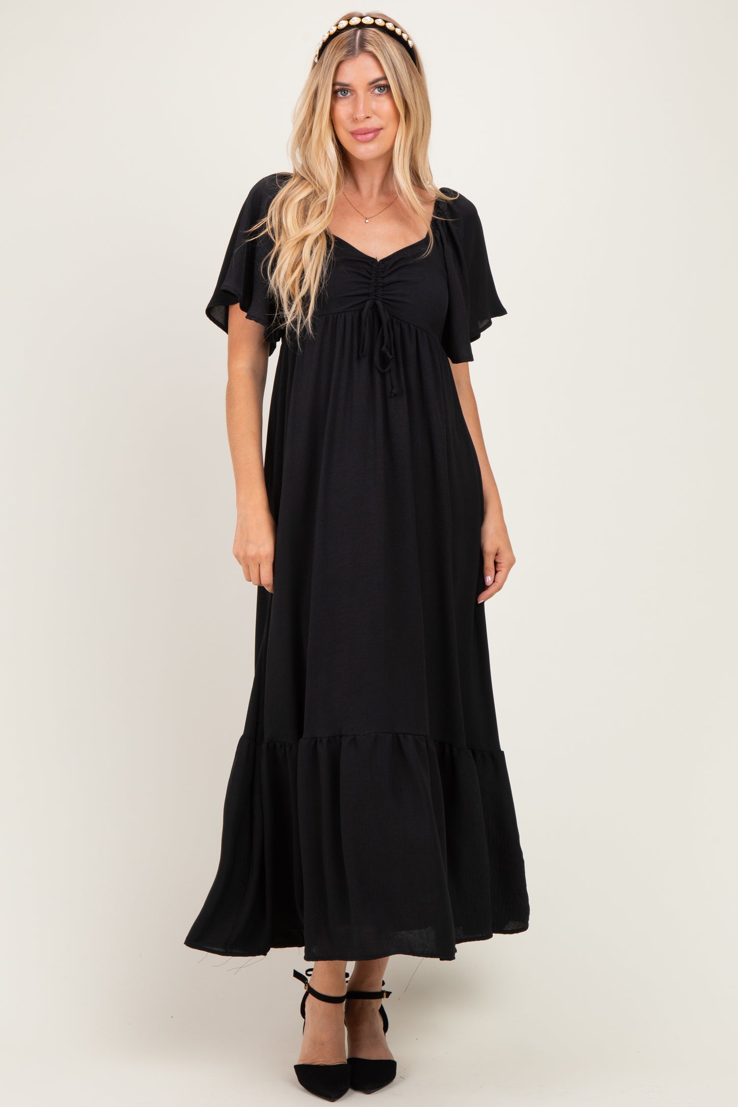Black Flutter Sleeve Ruffle Hem Maxi Dress