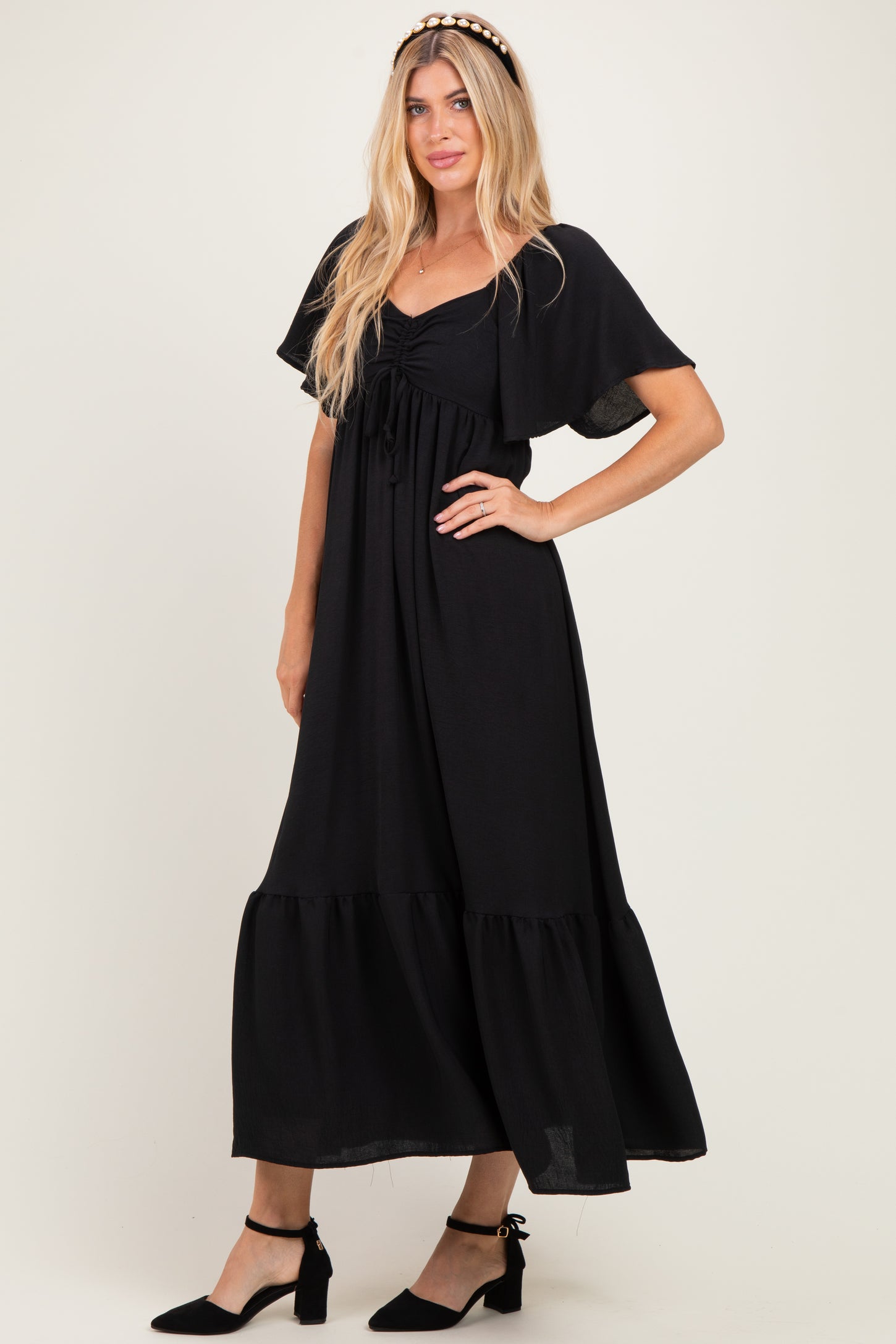 Black Flutter Sleeve Ruffle Hem Maxi Dress