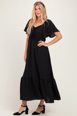 Black Flutter Sleeve Ruffle Hem Maxi Dress