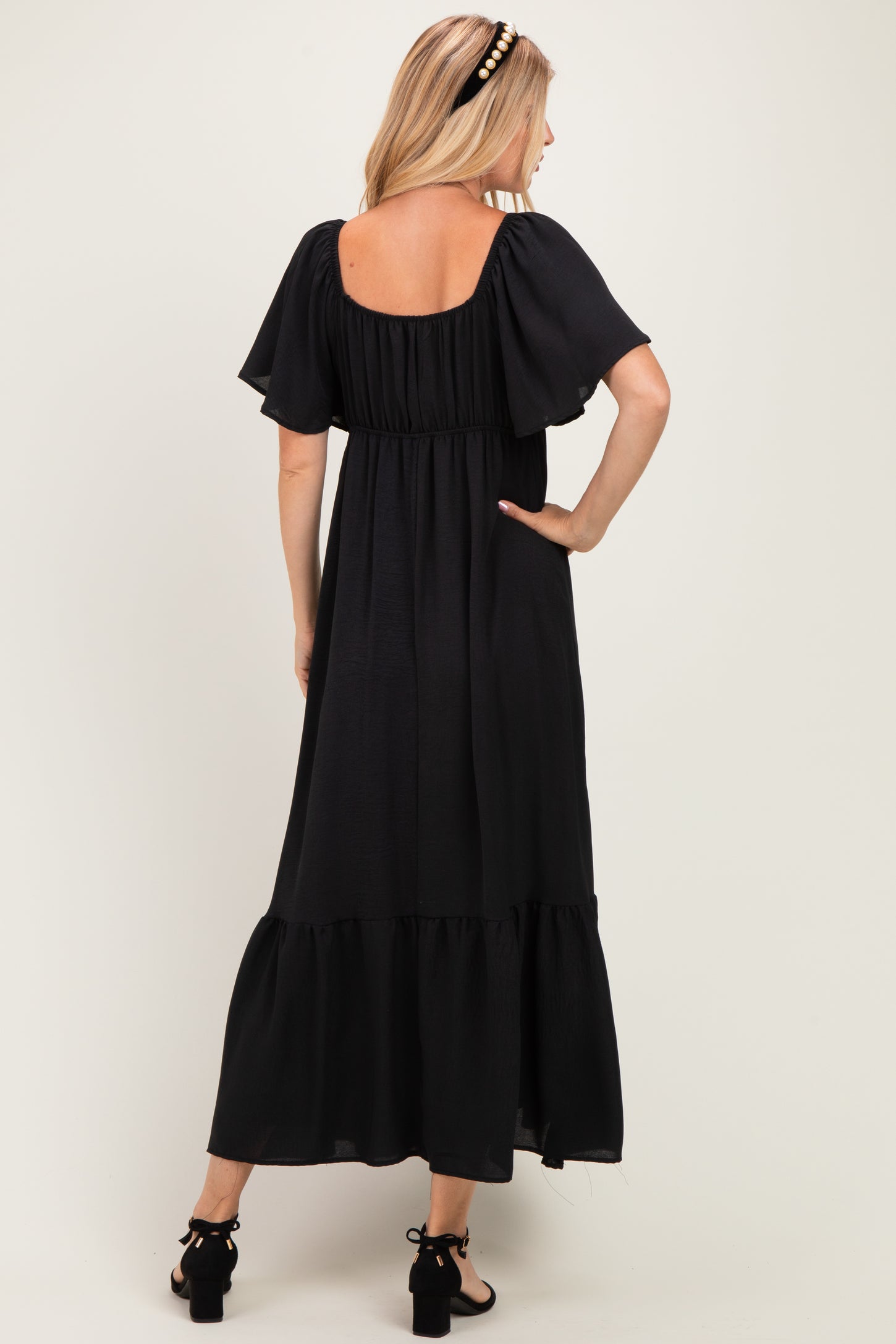 Black Flutter Sleeve Ruffle Hem Maxi Dress
