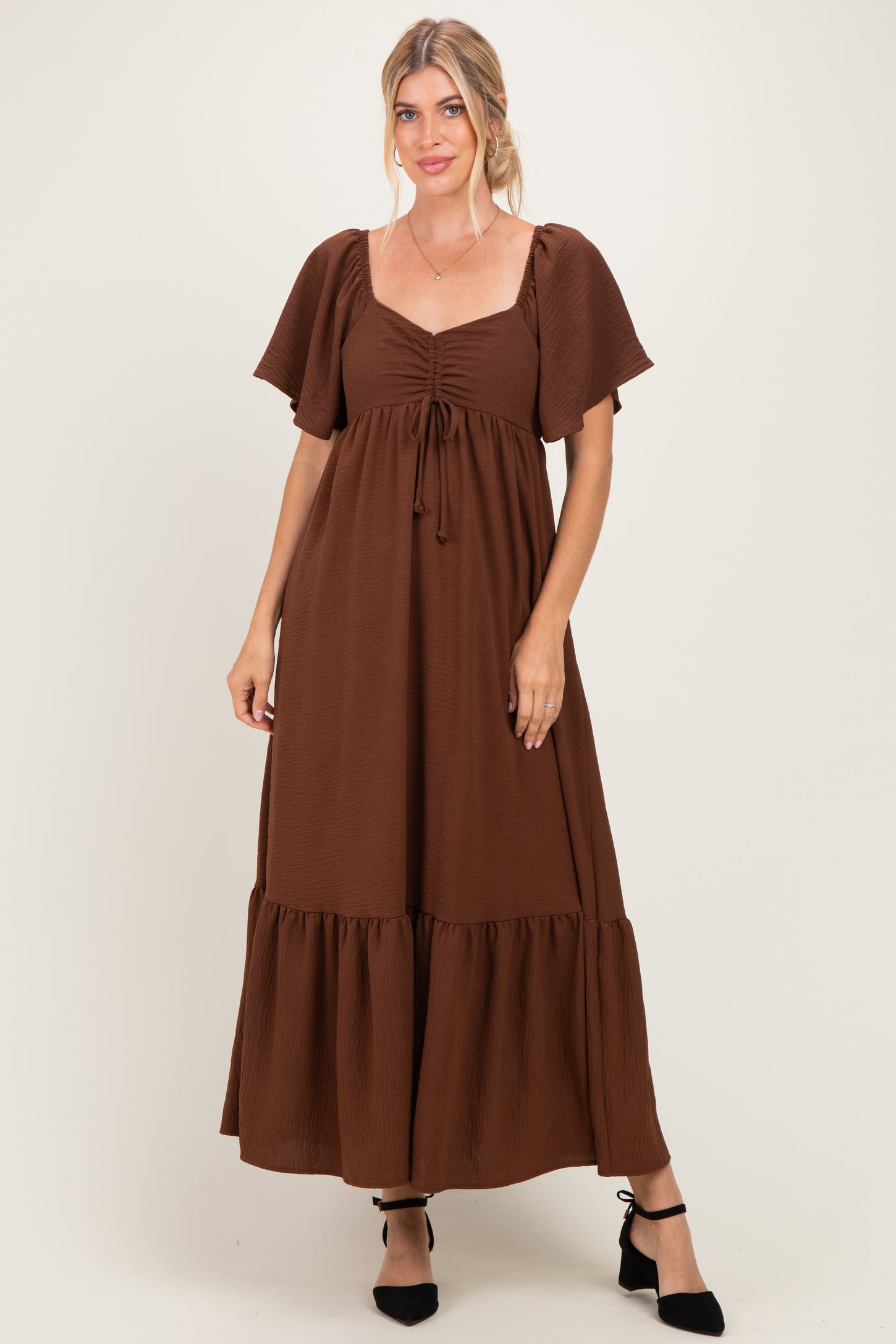 Brown Flutter Sleeve Ruffle Hem Maxi Dress
