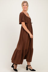 Brown Flutter Sleeve Ruffle Hem Maxi Dress