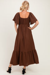 Brown Flutter Sleeve Ruffle Hem Maxi Dress