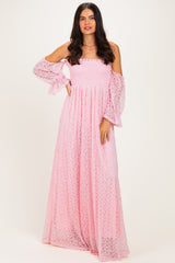 Pink Lace Off Shoulder Long Sleeve Maternity Dress