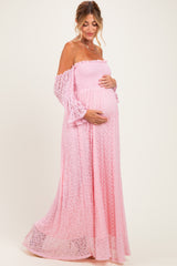 Pink Lace Off Shoulder Long Sleeve Maternity Dress