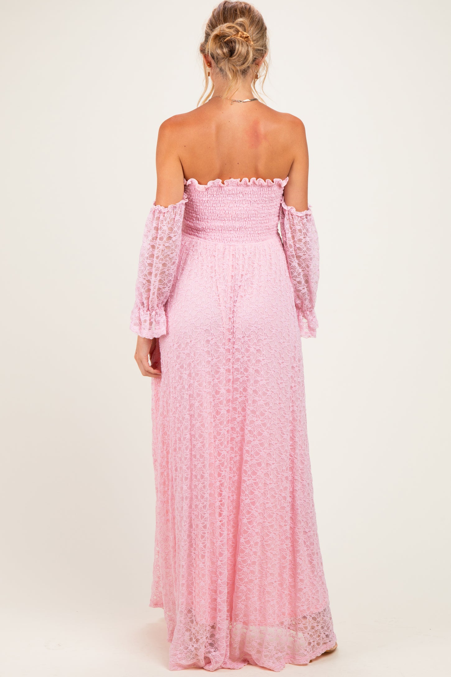 Pink Lace Off Shoulder Long Sleeve Maternity Dress
