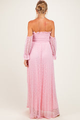 Pink Lace Off Shoulder Long Sleeve Maternity Dress