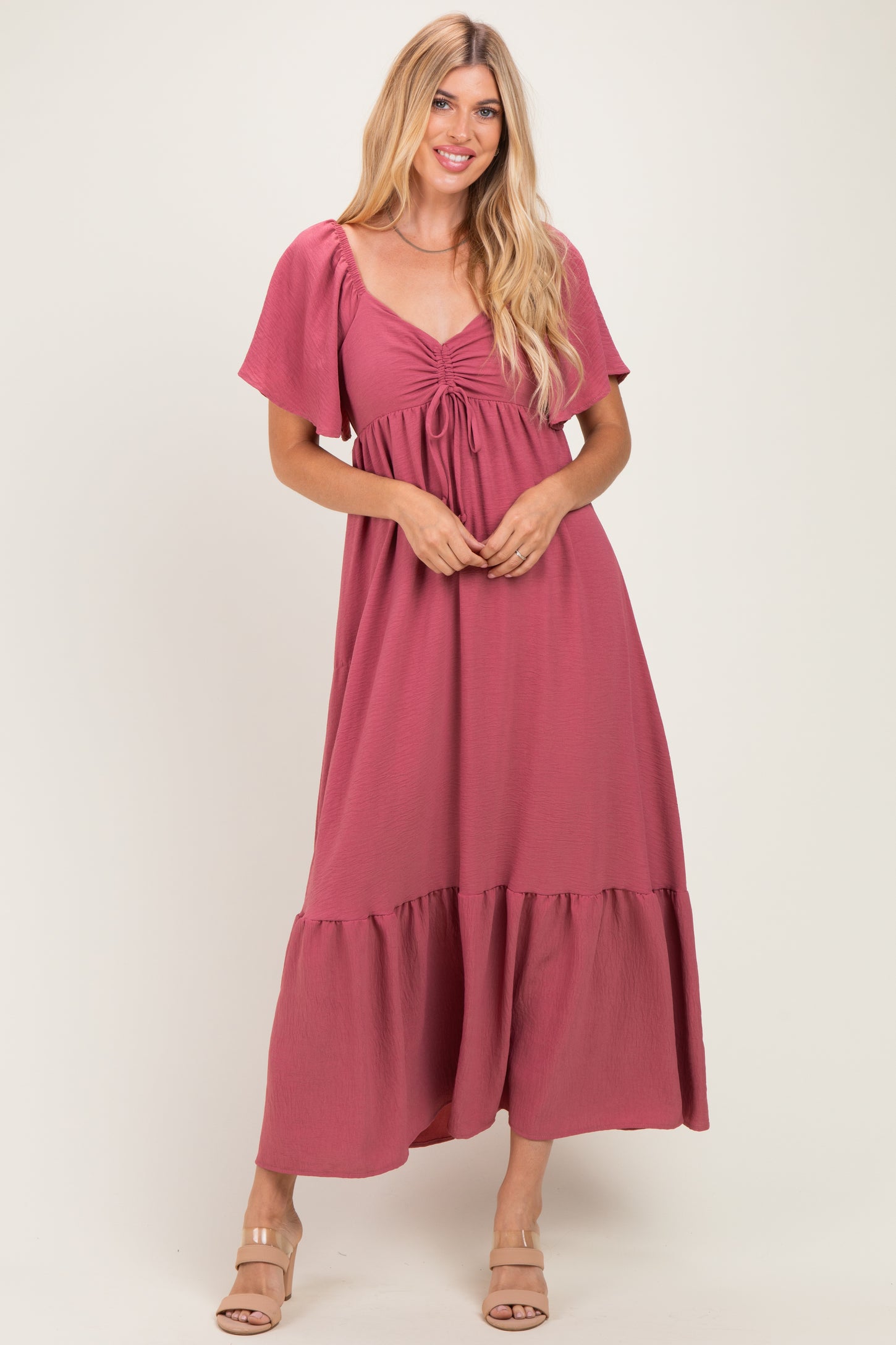 Mauve Flutter Sleeve Ruffle Hem Maxi Dress