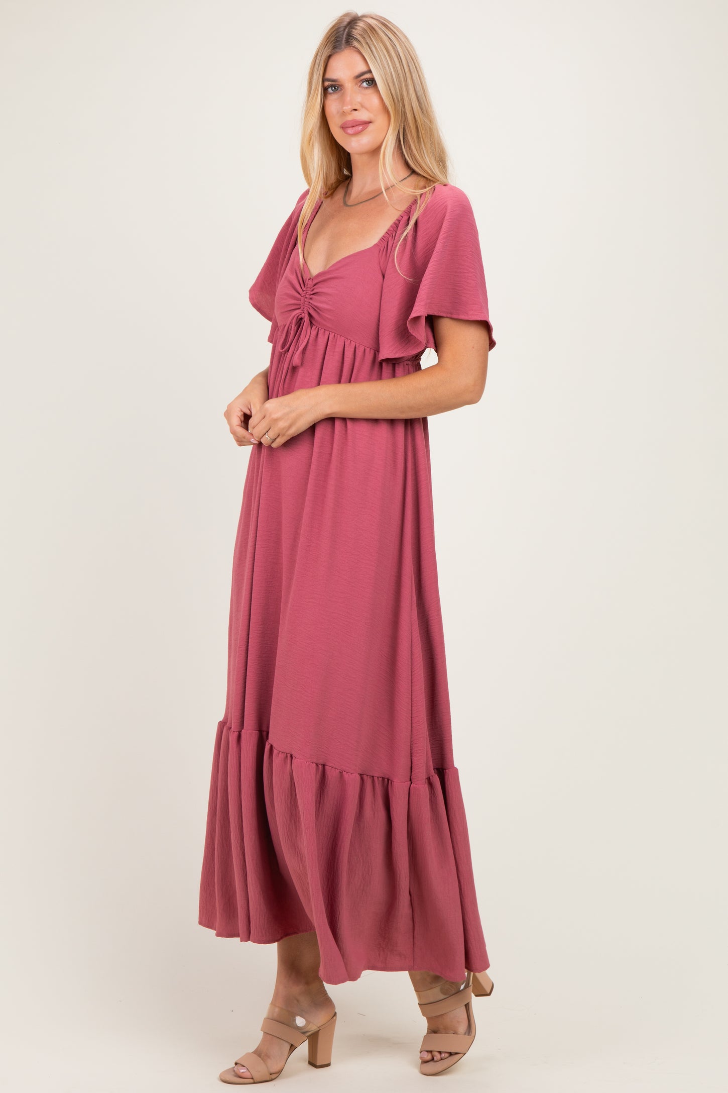 Mauve Flutter Sleeve Ruffle Hem Maxi Dress