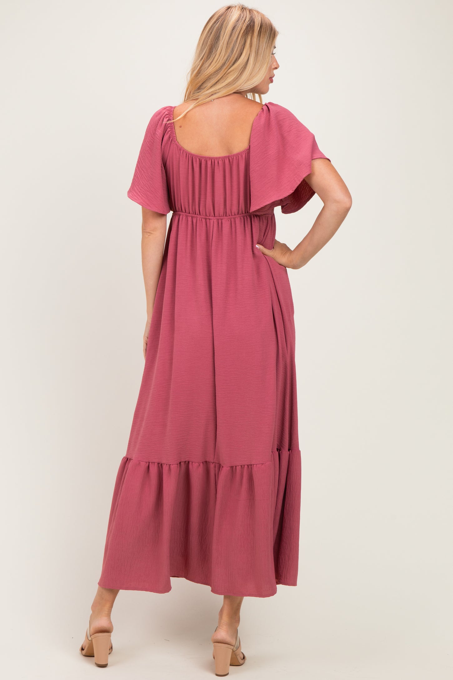 Mauve Flutter Sleeve Ruffle Hem Maxi Dress