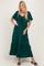 woman wearing a dark green maxi dress with flutter sleeves and a tie front detail