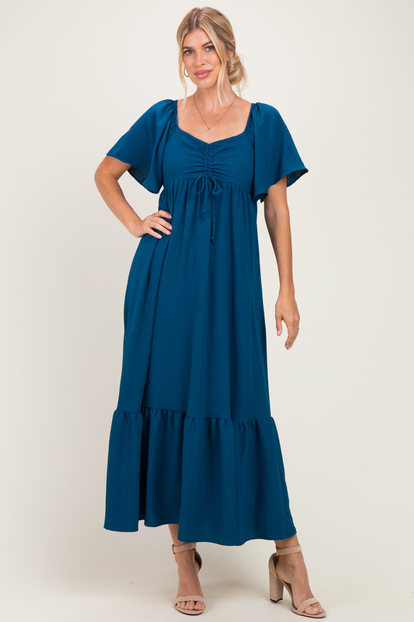 Teal Flutter Sleeve Ruffle Hem Maxi Dress