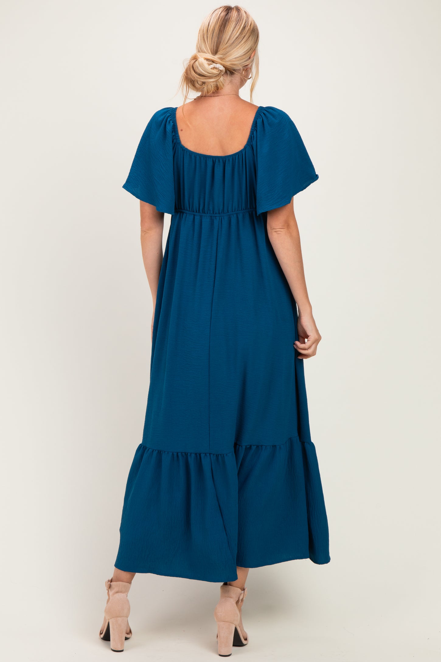 Teal Flutter Sleeve Ruffle Hem Maxi Dress