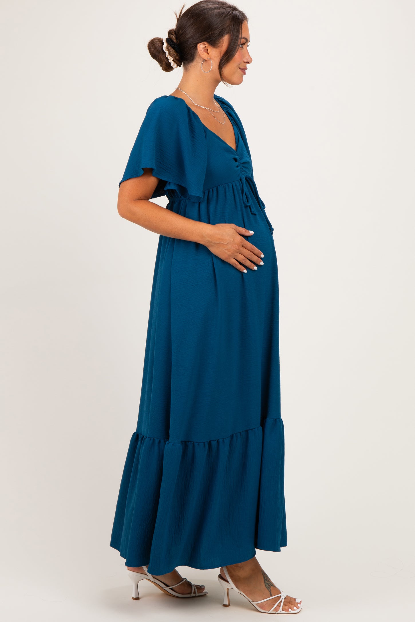 Teal Flutter Sleeve Ruffle Hem Maternity Maxi Dress