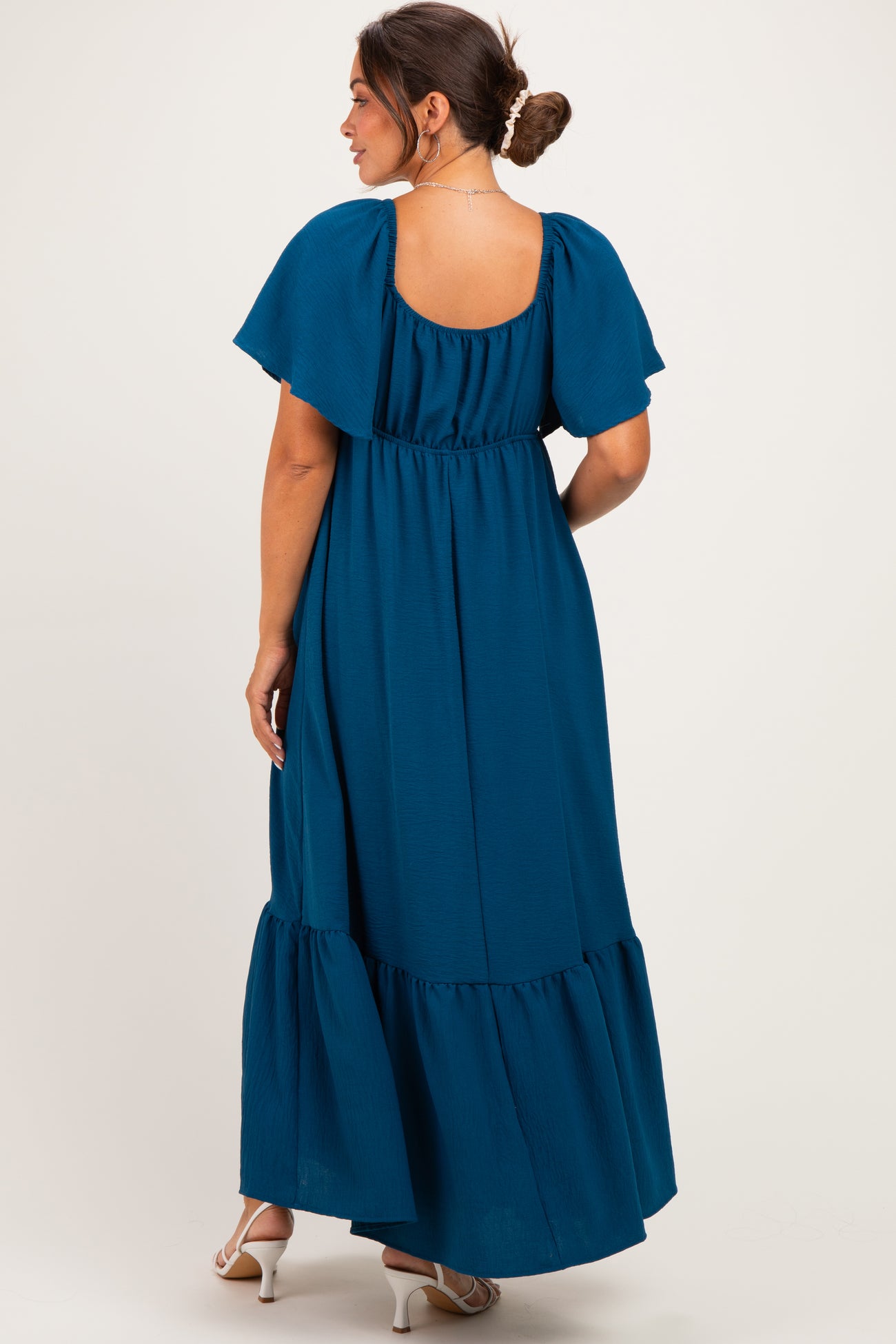 Teal Flutter Sleeve Ruffle Hem Maternity Maxi Dress