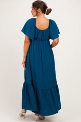 Teal Flutter Sleeve Ruffle Hem Maternity Maxi Dress