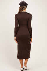 Brown Mock Neck Front Slit Long Sleeve Maternity Maxi Dress